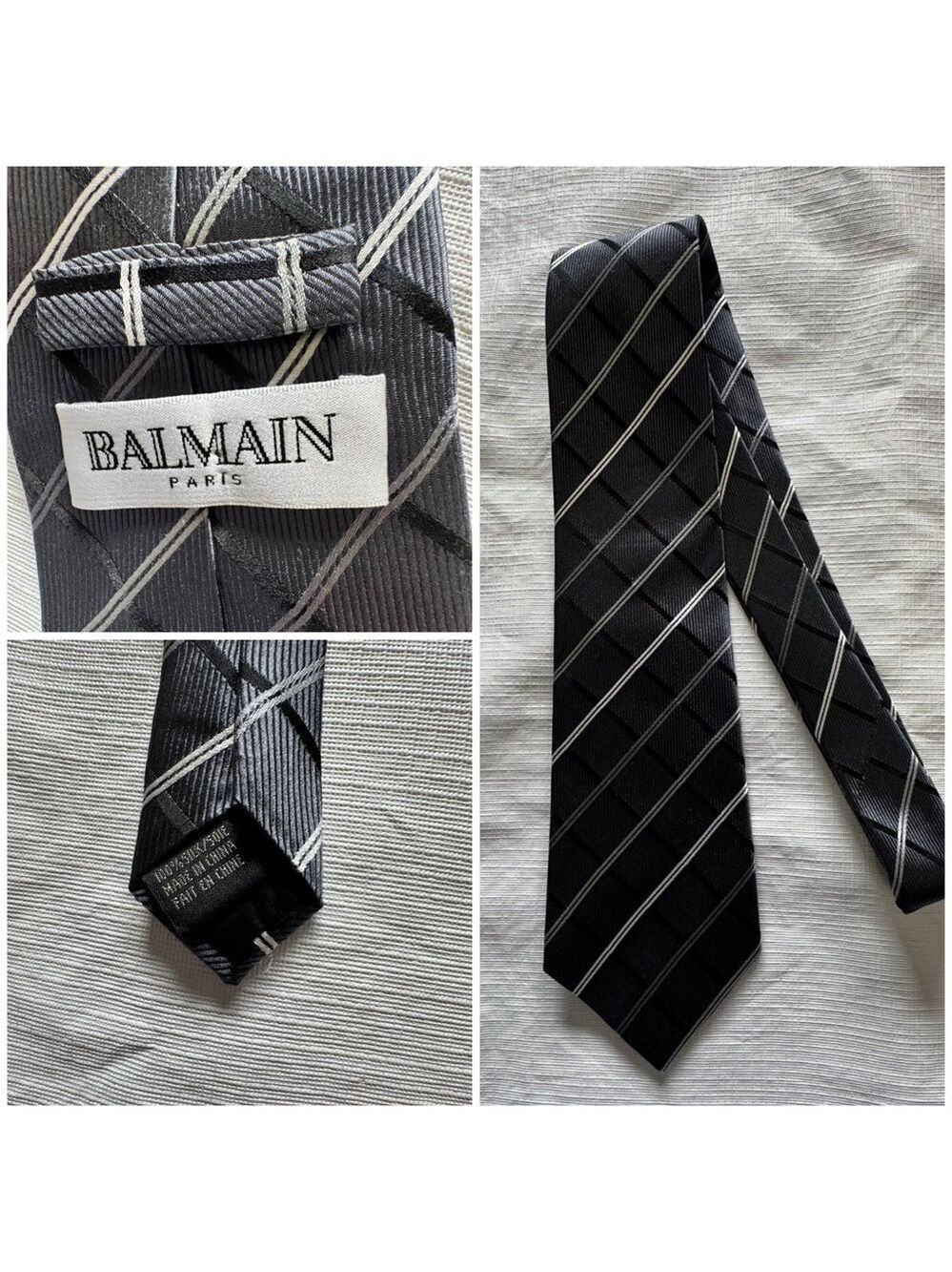Balmain 100% Silk Elegant Black and Gray Striped Tie